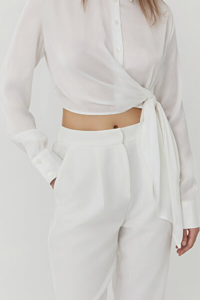 Quzu Beli Lastikli Kumaş Pantolon Ekru
