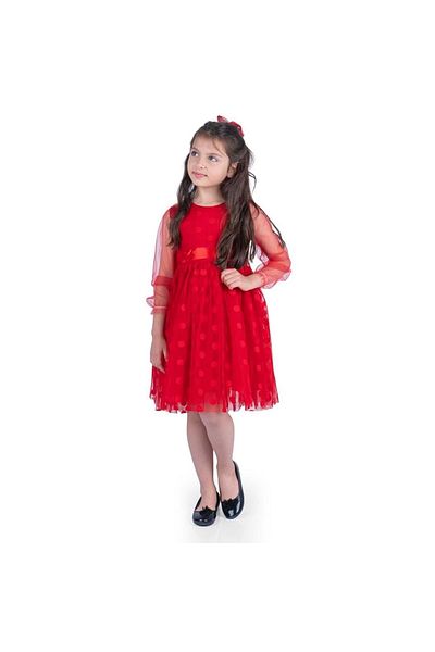 Mnk Baby&Kids Rochie pentru fetiță, prințesă, cu cataramă cu puncte mari, din țesătură din dantelă MNK0547 RED