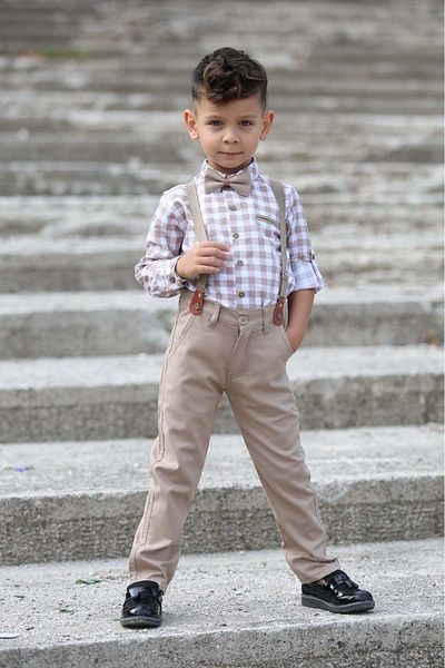Mnk Baby&Kids Plaid Pattern Gabardine Trousers Suspender Children's Suit Mnk0436 Beige