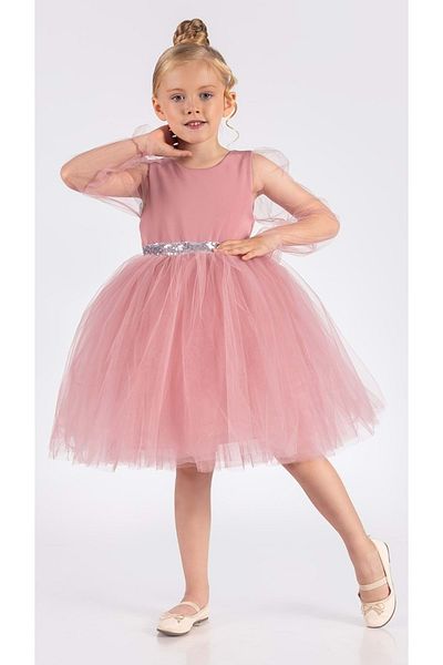 Mnk Baby&Kids Βραδινό φόρεμα με μανίκια σιφόν για κορίτσια με φύλλα Mnk0534 Ροζ