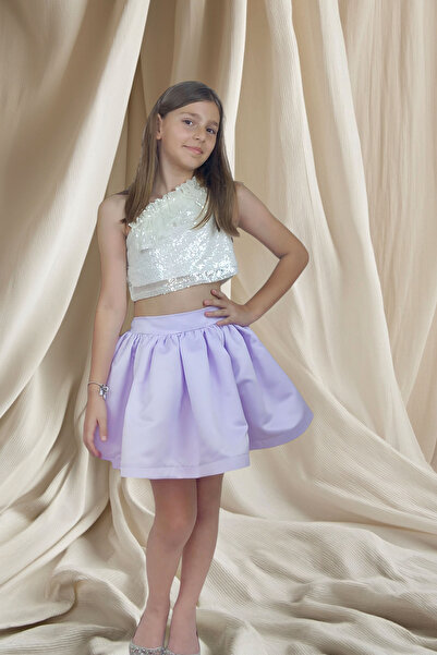 GİST Kız Çocuk Beyaz Pullu Tek Omuz Crop Lila Mini Etek Takım