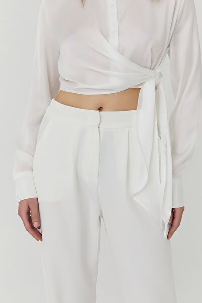 Quzu Beli Lastikli Kumaş Pantolon Ekru