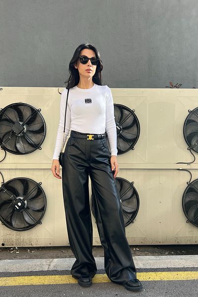 Seda Yalçın Atelier Black Amelia Wide Leg Leather Trousers