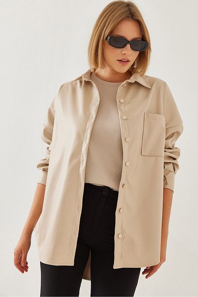 Bianco Lucci Women's Raised Single Pocket Leather Shirt 60351178