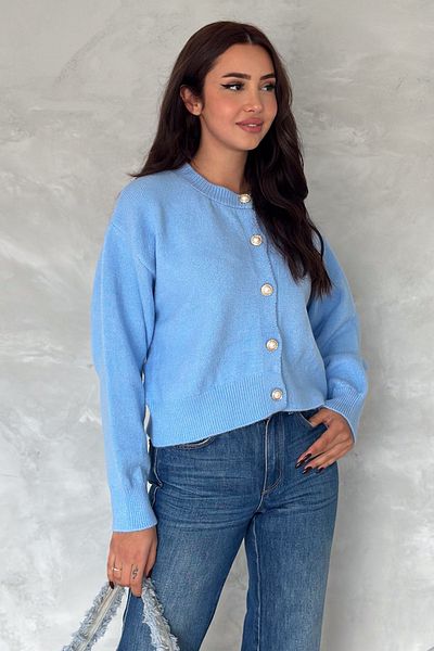FEMELLE Cardigan de damă, albastru bebeluș, mărime standard, cu nasturi perle