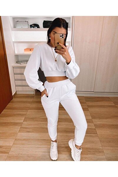 Butik Kadın Beyaz Kışlık 3 Iplik Içi Şardonlu Yüksek Bel Basic Jogger Eşofman...