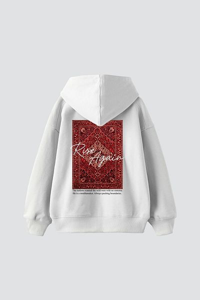 Sekizbiraltı Rise Again Printed Oversize Unisex Premium White Hoodie