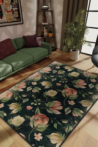 Homshtag Her Zaman Sen Oldun Çiçek Desenli Siyah Renkli Halı Art Çiçek Temalı...