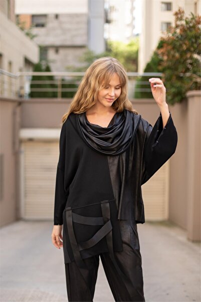 Butik Suat Yaka Deri Detay Ek Parçalı Detay Bluz