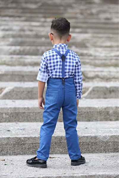 Mnk Baby&Kids Ekose Desen Gabardin Pantolon Askılı Çocuk Takım MNK0436 İNDİGO