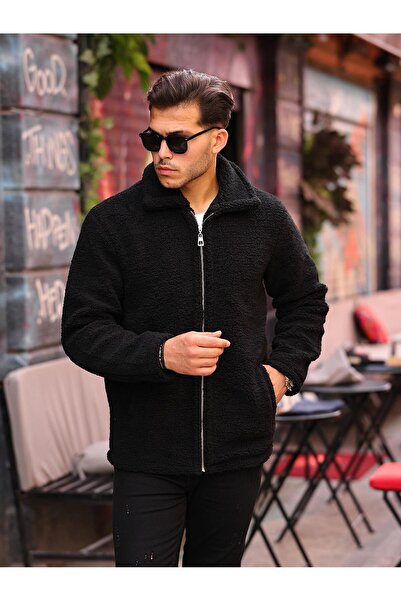 FUWEAR Erkek Oversize Kuzu Tüyü Peluş Kumaş Içi Astarlı Fermuarlı Siyah Ceket...