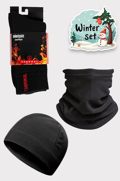 Katmirra Unisex Negru Termic Iarna Calitate Fleece Mănuși Gât Sosete Seturi de măști de zăpadă