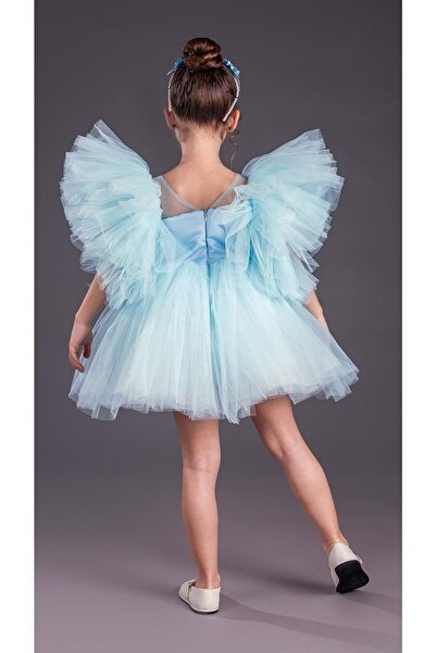 Mnk Baby&Kids Rochie de seară pentru fetiță cu mâneci bufante și fustă tutu MNK0582 BEBE BLUE