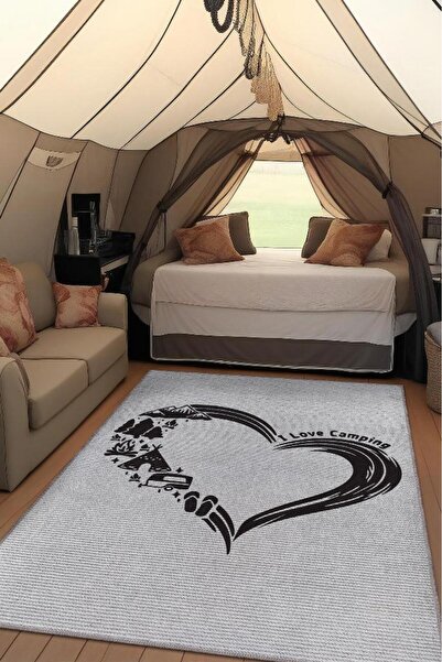 Homshtag I Love Camping Kamp Hayatı Desenli Beyaz Halı,Çadır Halısı,Pamuklu D...