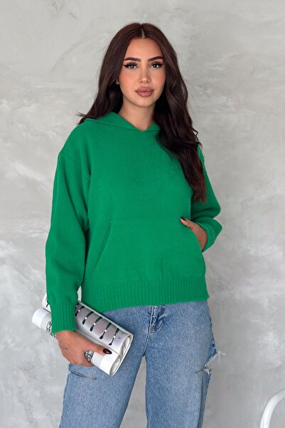 FEMELLE Women's Green Standard Size Hooded Plush Knitwear Sweatshirt
