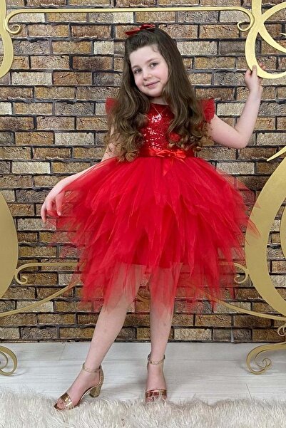 Mnk Sequin Sequined Girl's Dress Red with Zigzag Tulle Skirt