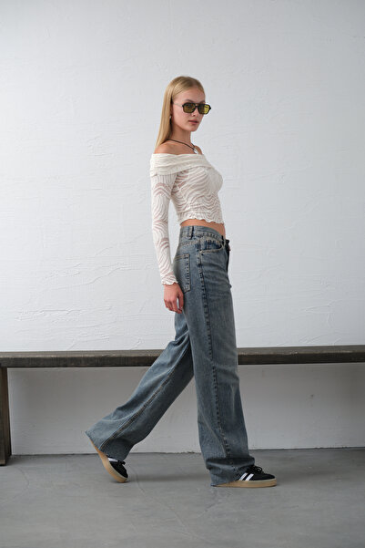 Maule Mavi Bol Kesim Ekstra Yüksek Bel Rahat Fit Geniş Paça Baggy Jean Kot Salaş Kadın Pantolon @crotone