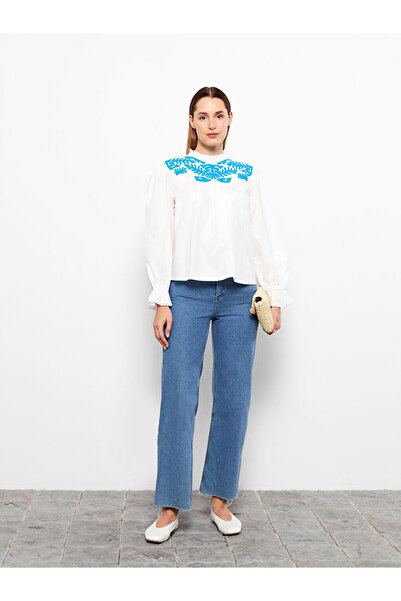 LC Waikiki Langärmlige Oversize-Damenbluse mit hohem Kragen und Stickerei