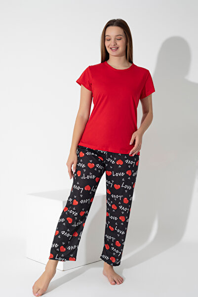 ModaLeaf Red Color Love and Heart Printed Short Sleeve Pajamas Set 308