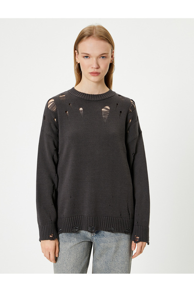 Koton Crew nyakú akril kevert szakadt kötöttáru pulóver