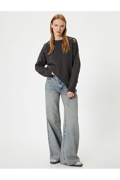 Koton Crew Neck Acrylic Blended Ripped Knitwear Sweater
