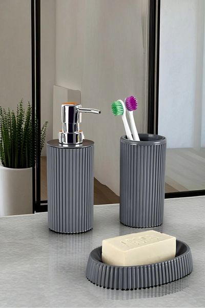 Lida Bathroom Set of 3 Round Line Model - Liquid Soap Dispenser, Toothbrush Holder, Solid Soap Dispenser