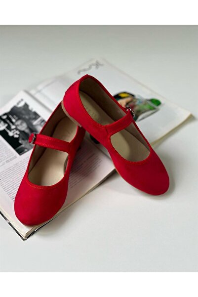 Zuum Beys Mary Jane Kadın Balerin Babet - Kırmızı Süet