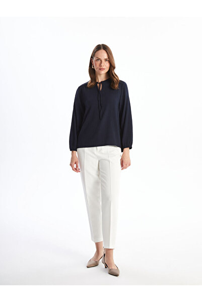 LC Waikiki Navy Blue Tie Neck Textured Women's Blouse