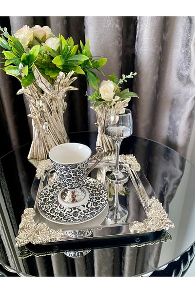 atabey home collection صينية صب معدنية مكونة من 6 قطع - تأثير القهوة والشاي والعرض، نموذج الورد الفضي