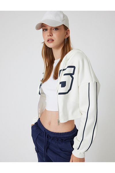 Koton College Printed Hooded Zippered Crop Sweatshirt - Corset Detailed Pocket