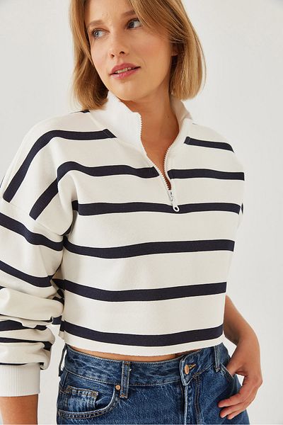 Bianco Lucci Damen-Crop-Sweatshirt mit Reißverschluss und Streifen 3224 60351182