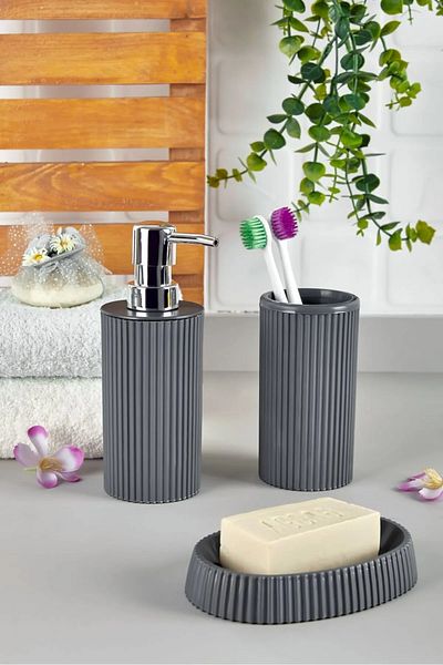 Lida Bathroom Set of 3 Round Line Model - Liquid Soap Dispenser, Toothbrush Holder, Solid Soap Dispenser