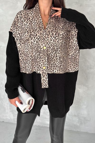 FEMELLE Jachetă de blugi oversize pentru femei, maro, mărime standard, cu model leopard
