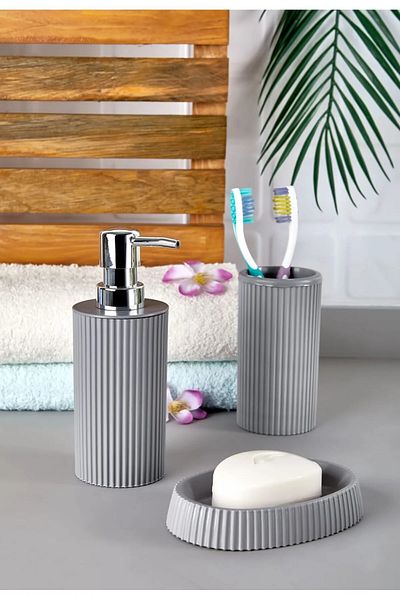Lida Bathroom Set of 3 Round Line Model - Liquid Soap Dispenser, Toothbrush Holder, Solid Soap Dispenser