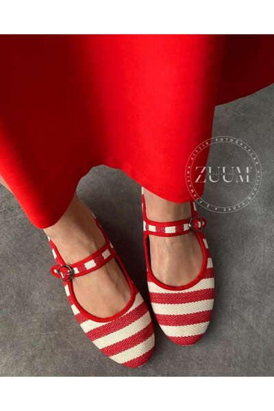 Zuum Beys Mary Jane Kadın Balerin Babet - Kırmızı & Ten