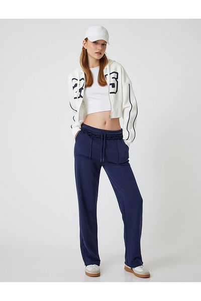 Koton College Printed Hooded Zippered Crop Sweatshirt - Corset Detailed Pocket