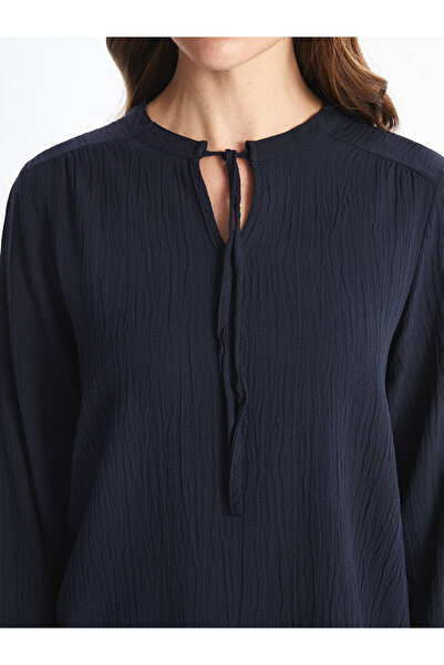 LC Waikiki Navy Blue Tie Neck Textured Women's Blouse