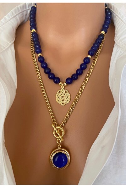 TARZ-I TAKI (İKİLİ) Doğal Taş Lacivert Kuvars Çelik Zincir Altın Kaplama Çerçeveli Akik Taşı Kadın Kolye