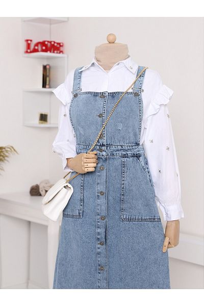 Modamorfo Salopet din denim albastru gheață - cu nasturi de lungime și buzunare duble