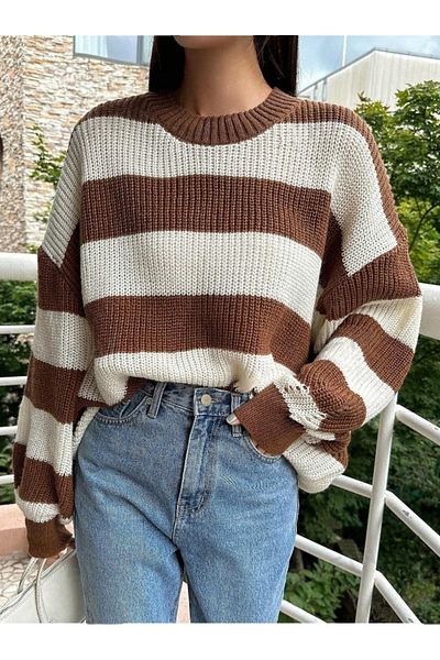 Dier Moda Дамски пуловер Oversize на кафяво райе
