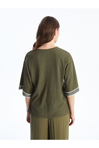 LC Waikiki Khaki V-Neck Patterned Oversize Textured Women's Blouse