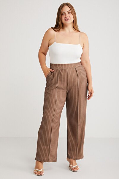 ETHIQUET HANNELEBB Women's Knitted Striped White Mink - Ribbed and Pleat Detailed, Elastic Waist Large Size Trousers