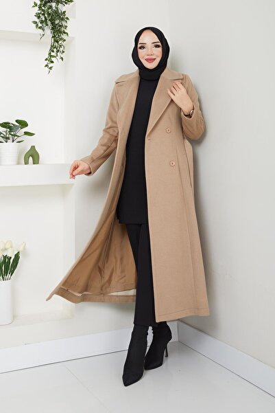 Doque Kışlık Kadın Kaşe Kaban Çift Düğme Spor Model 125cm Araboy 57022