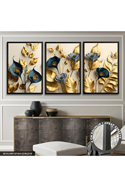 Evinemoda Zarif Altın Ve Mavi Çiçekler Ile Dallar 3 Parça Siyah Ahşap Çerçeve...