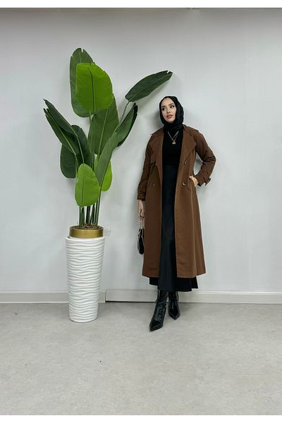 Tesettür Diyarı Torino Fabric 120cm Trenc - Back Slit Detail, Brown