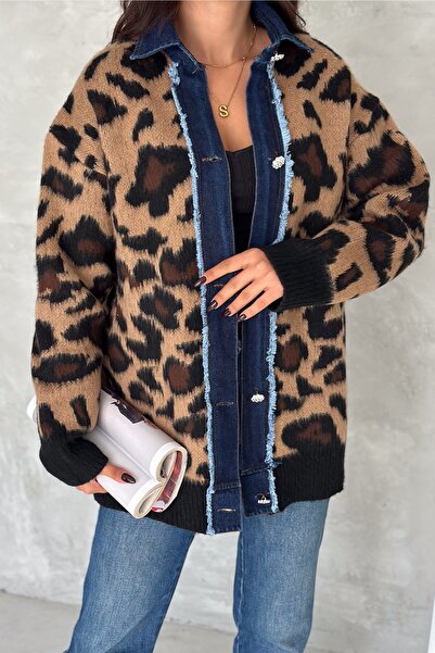 FEMELLE Women's Leopard Pattern Standard Size Denim Detailed Stone Button Design Oversize Knitwear Cardigan