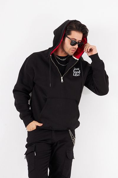 The Champ Clothing Суитшърт с качулка и щампа "Живи добър живот", голям размер, връзки, цип и щампа на гърба
