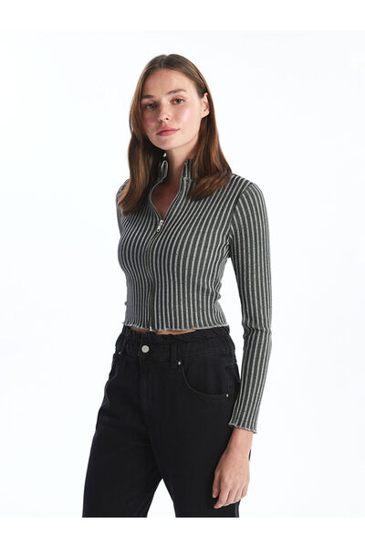 LC Waikiki Anthracite Mock Neck Textured Women's Cardigan