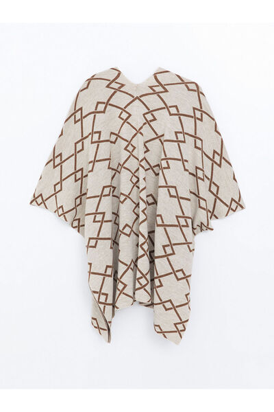 LC Waikiki Beige Shawl Collar Patterned Women's Knit Poncho