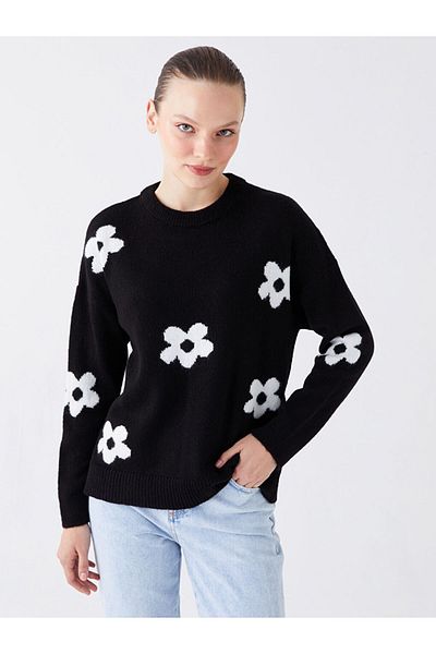 LC Waikiki Langärmliger Oversize-Strickpullover für Damen mit Rundhalsausschnitt und Blumenmuster